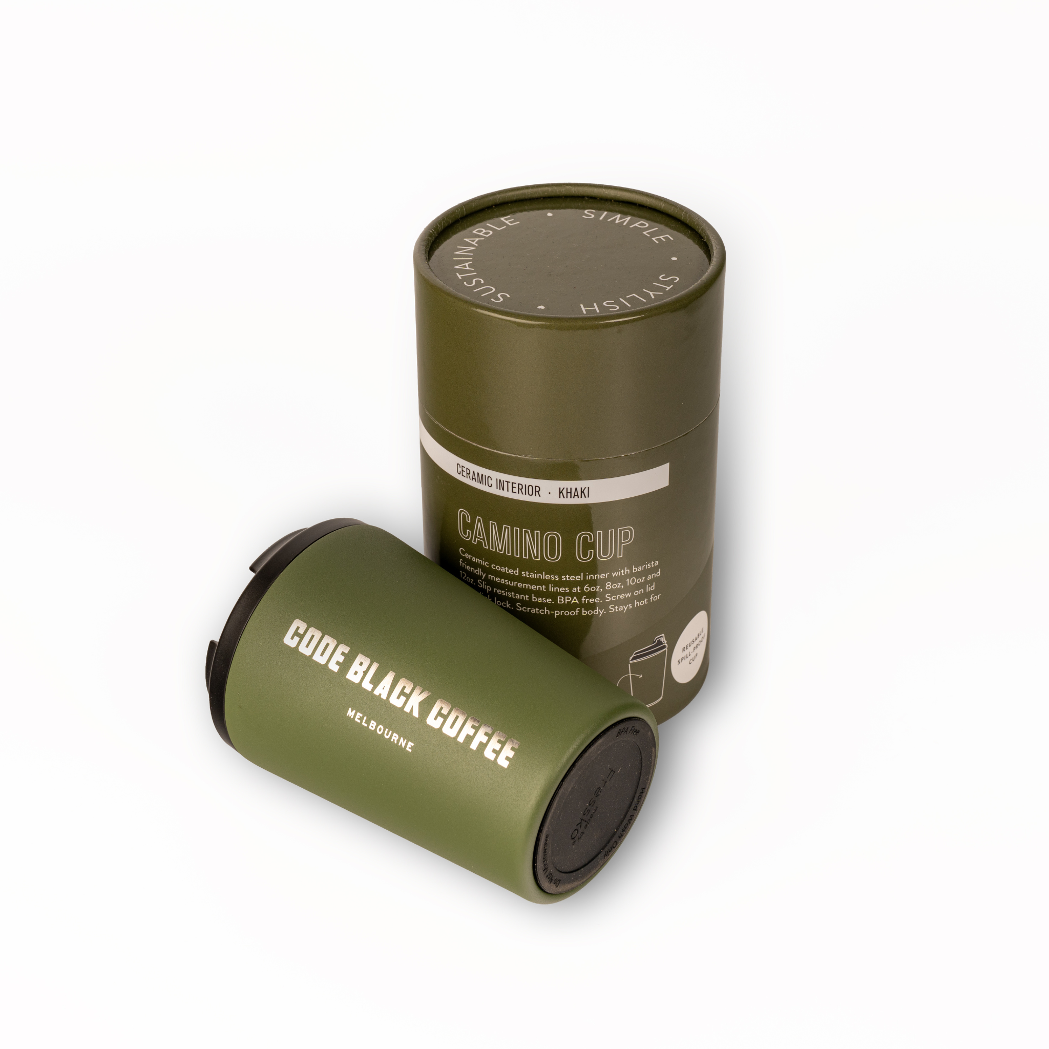 Code Black Coffee Melbourne Fressko reusable coffee cup in khaki